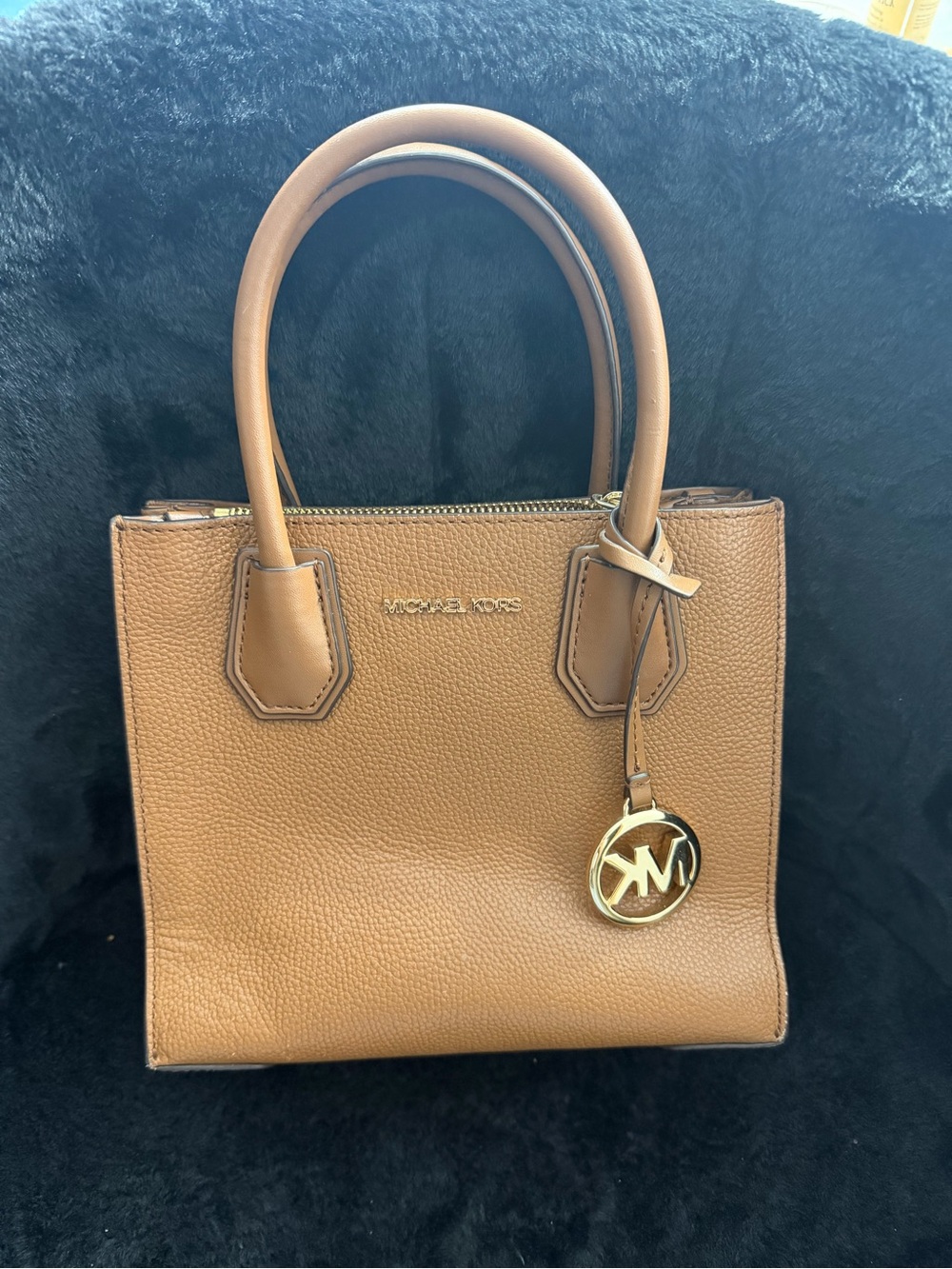 Michael Kors Brown Pebbled Leather Satchel with Gold Logo Charm